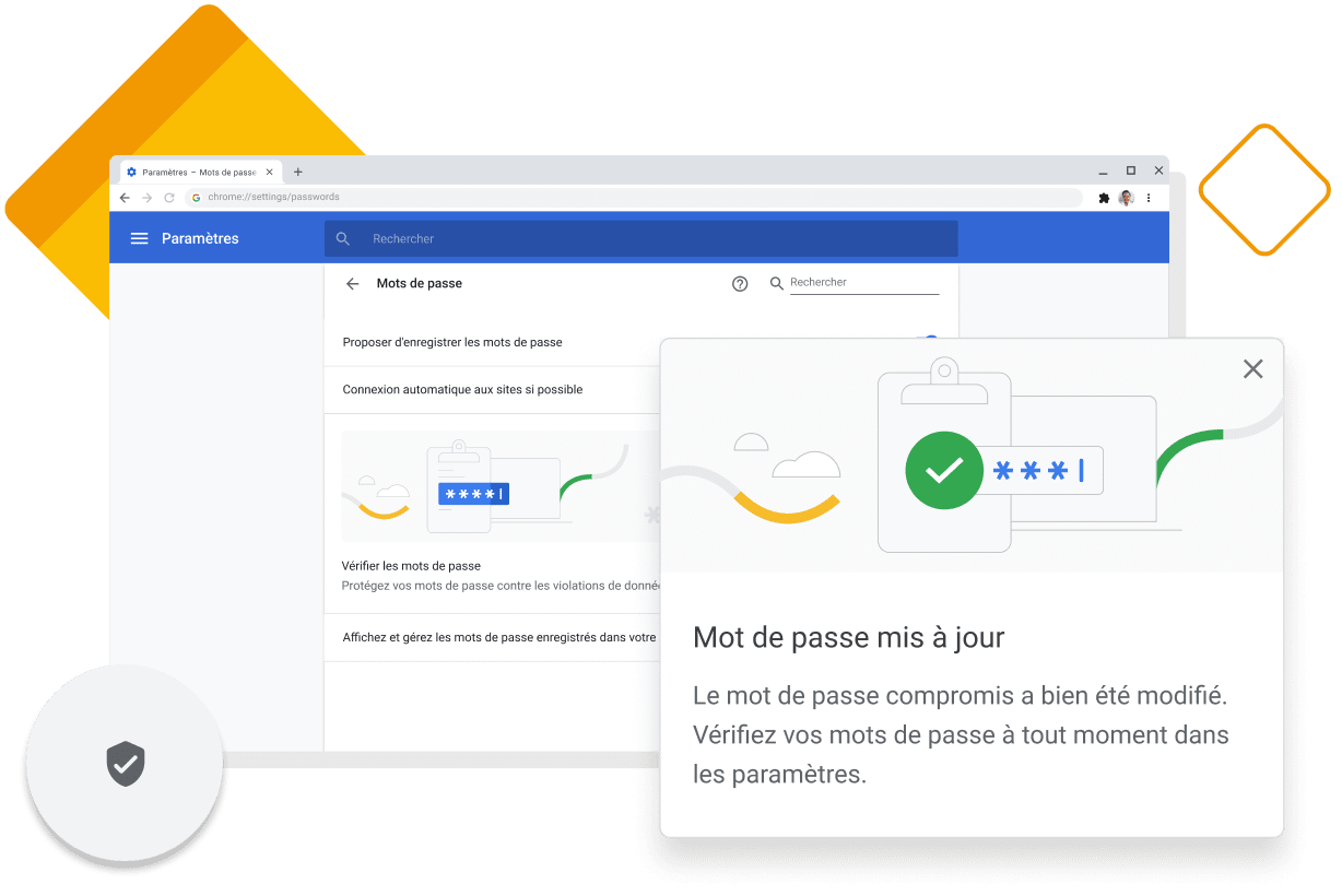 Fenêtre de Chrome affichant le Gestionnaire de mots de passe confirmant la modification d'un mot de passe compromis.