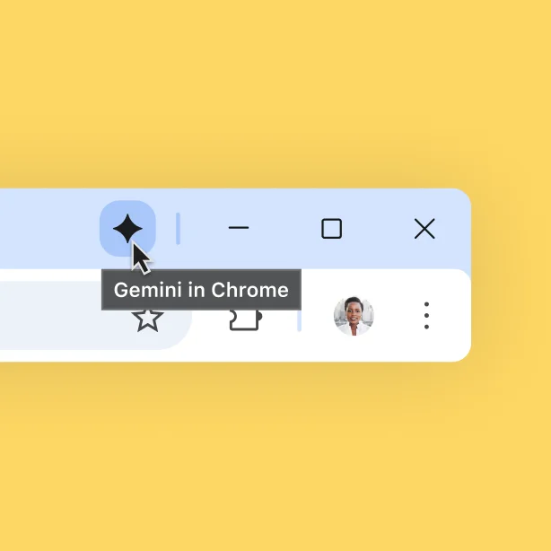 A Gemini icon is shown at the top of a Chrome browser bar. The user hovers on the icon. A tooltip reads 'Gemini in Chrome.'